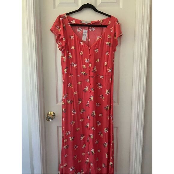 Loft Floral Cap Sleeve Button Midi Dress Coral size 12 *Semi-sheer* - Picture 3 of 7